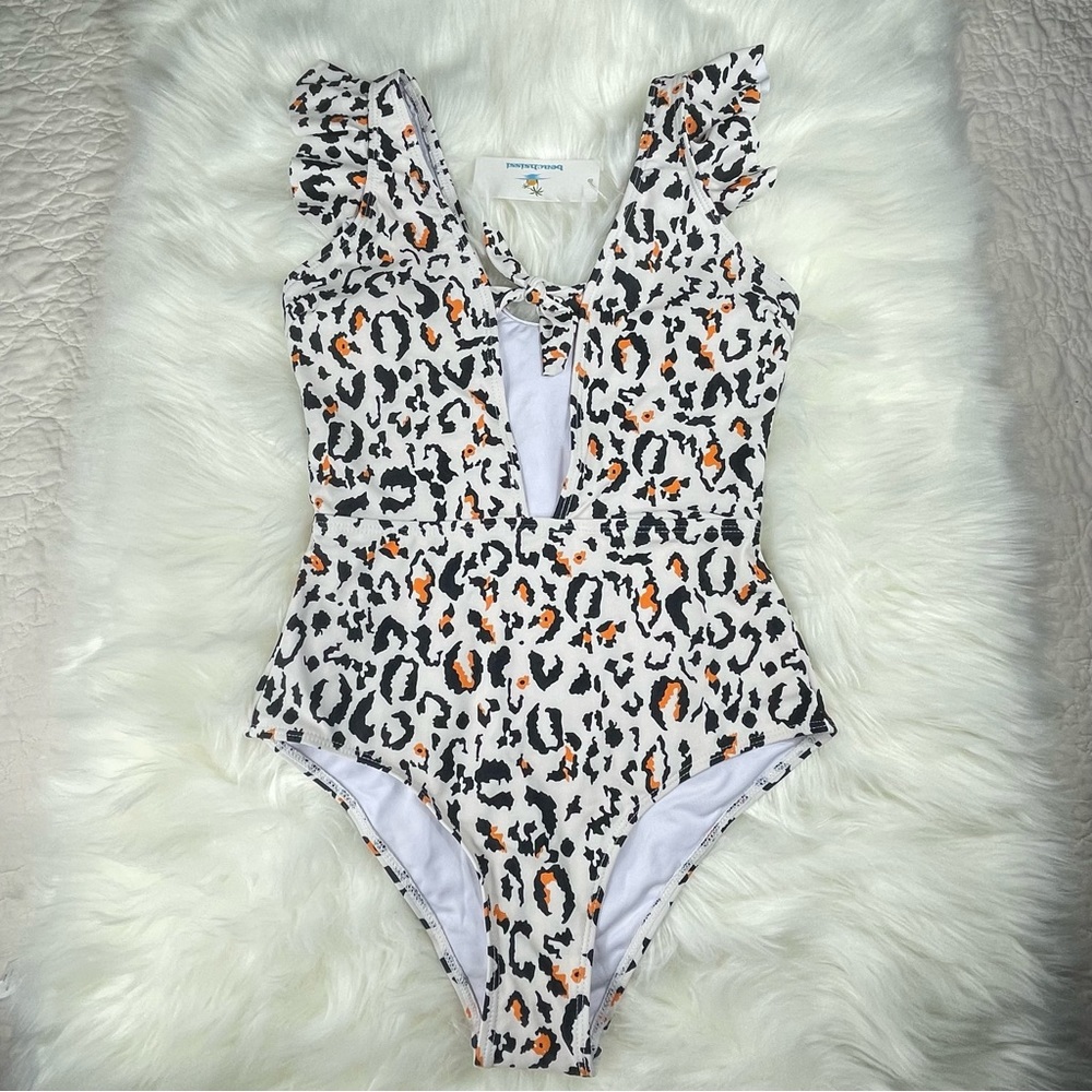 🔥NWT Beachsissi V-neck With Keyhole Bow Ruffle Shoulder Animal Print Swimsuit S